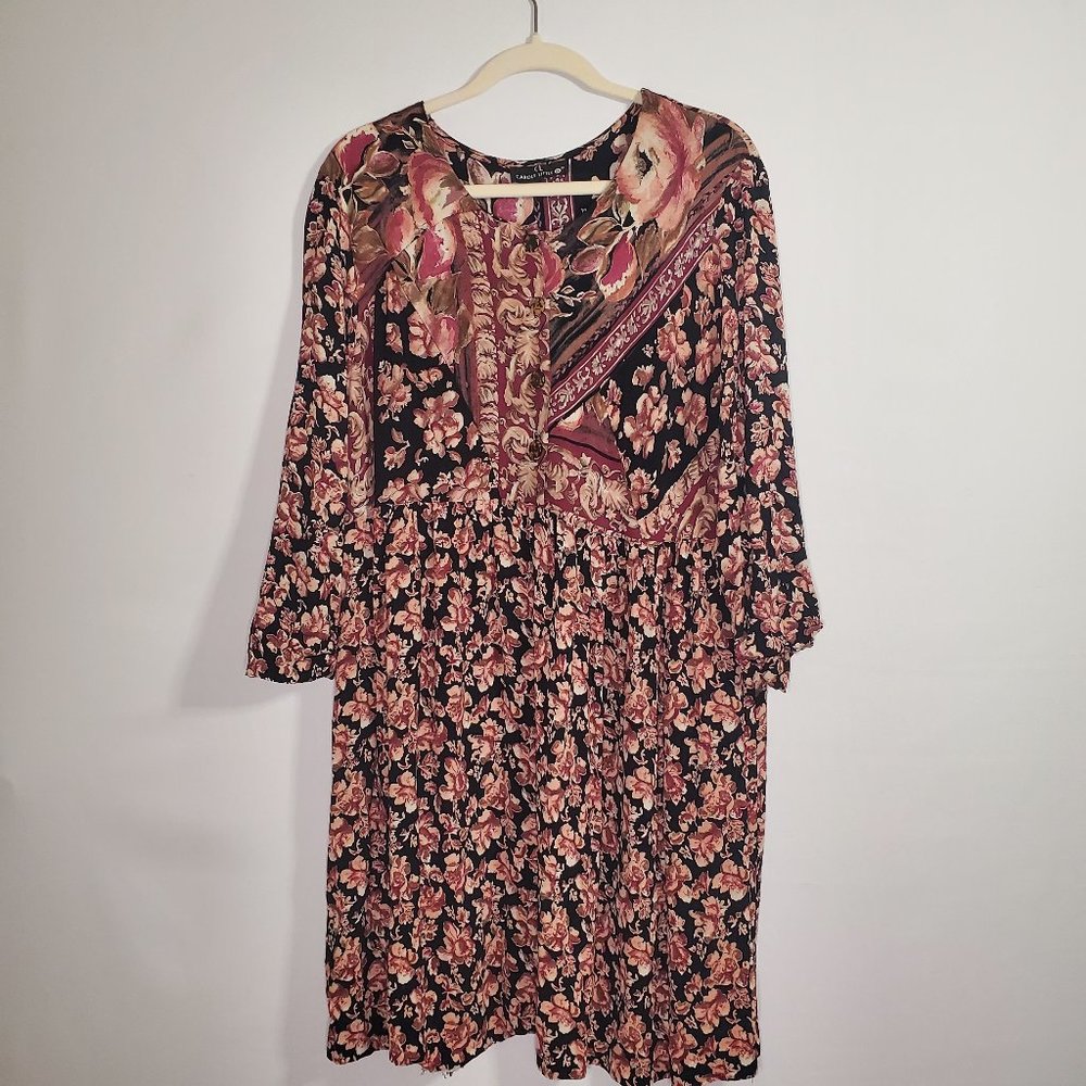 Carole Little Black Floral Midi Dress with Pink Accents